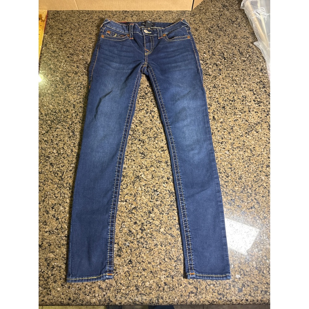 True Religion Stella Low Rise Skinny Jeans Dark Wash Contrast Stitch Size 30